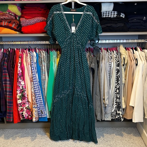 Shyanne Dresses & Skirts - Shyanne teal/silver metallic threads short sleeve lined maxi dress size S NWT